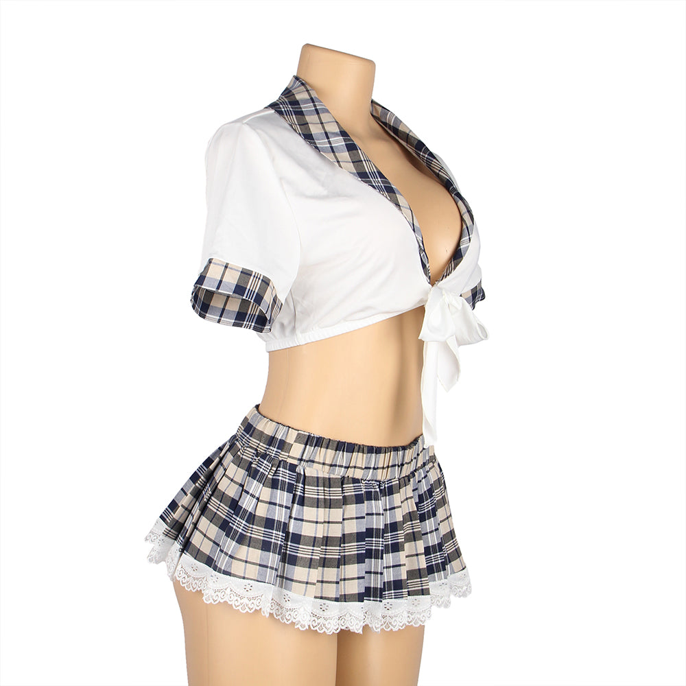 Sexy White Crop Top Plaid Skirt Cosplay Suit Uniform