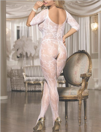 Open Crotch Rose Pattern Lace White Bodystockings Best LGSOYH30092