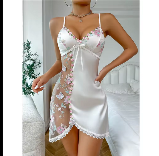 Satin Nightdress Lace Nightie Set Nuisette Sexy Flower Mesh Babydoll Women's Lingerie Sleepwear