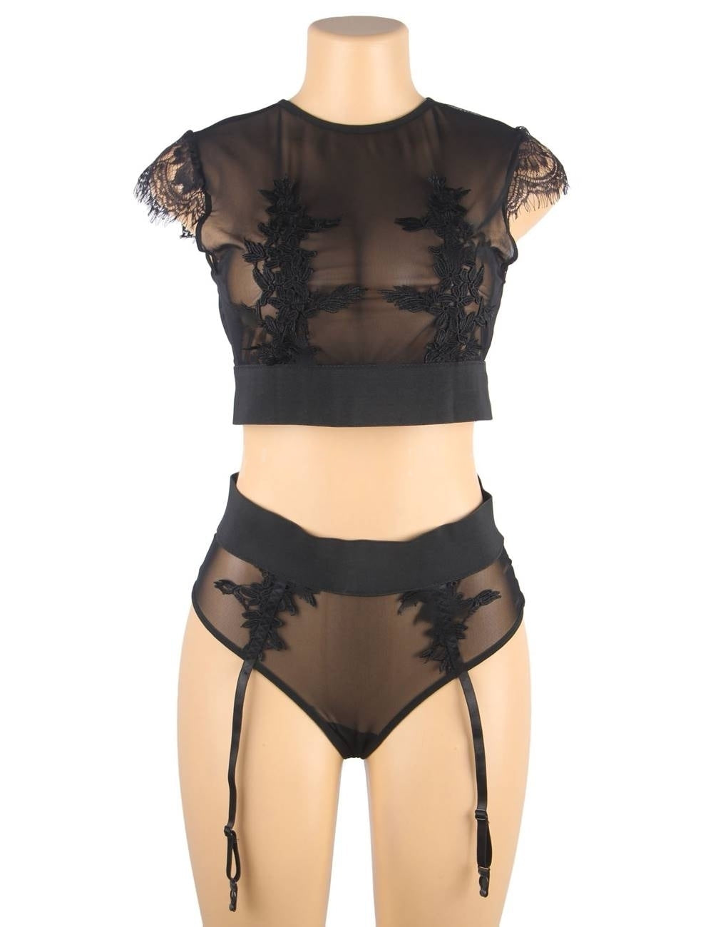 Black High Waist Elegant Embroidery Bra And Garter Panty Set