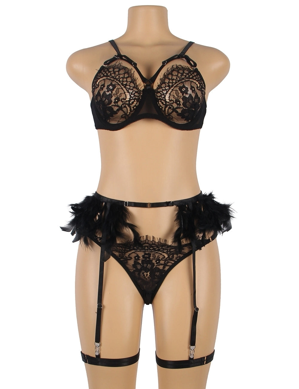 Feather Lace Underwire Garter Lingerie Set (2 Colors)