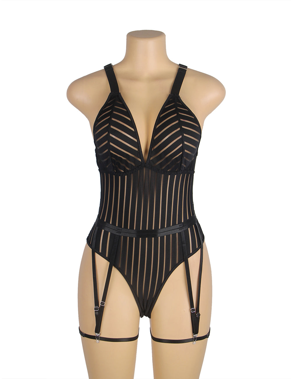 Black Striped Patterns Crossing Strap Back Design Bodysuit with Garter Belt