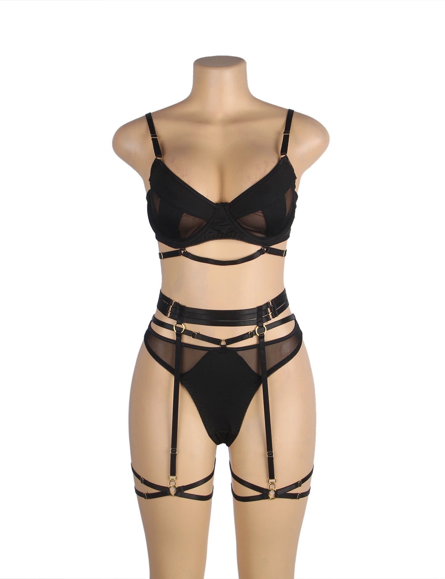 Black Mesh Underwire Garter Lingerie Set